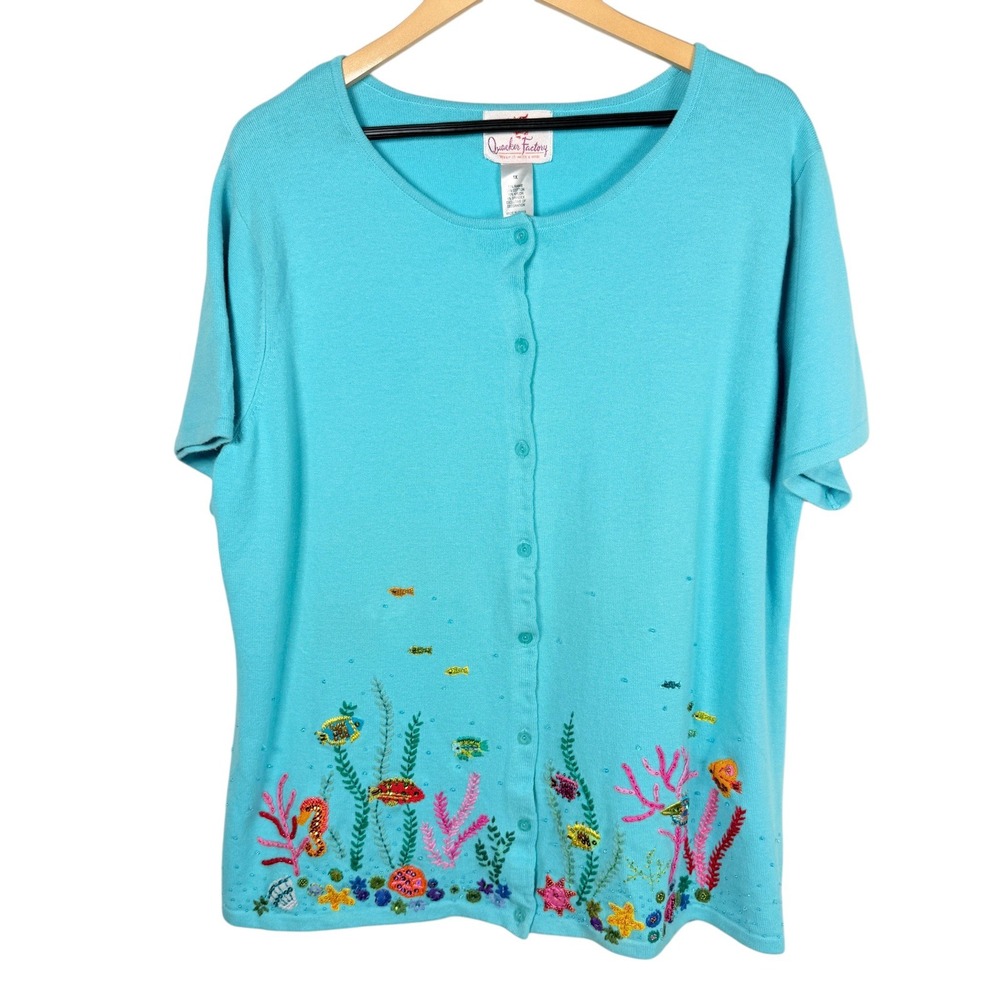 Quacker Factory Cardigan Women 1X Blue Under The Sea Fish Embroidered Beaded NWT